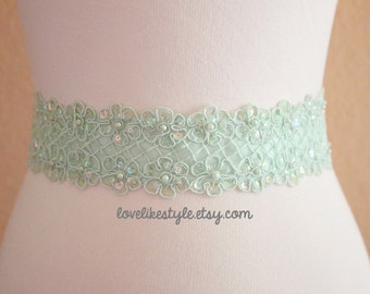 Mint Green Organza Flower Lace with Mint Green Satin Ribbon