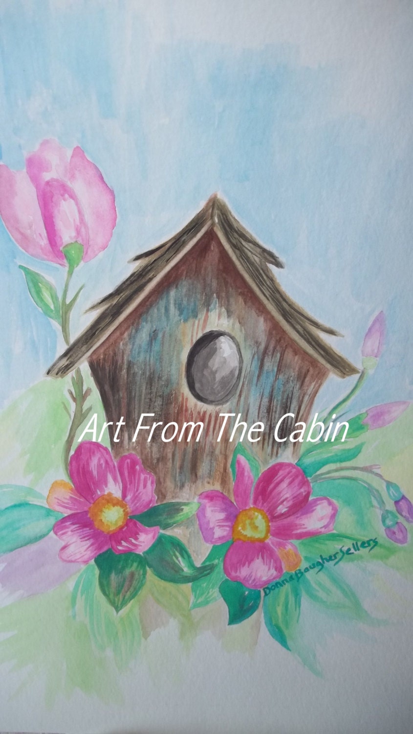 Birdhouse Painting Original Watercolor Watercolor