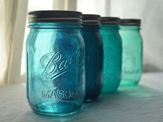 Stained Glass Mason Jars Set of 4 Nautical by willowfairedecor