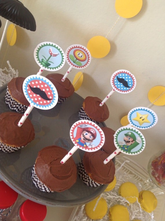 Mario Cupcake Toppers - Super Mario - Mario Bros - Party Supplies - INSTANT DOWNLOAD Il_570xn