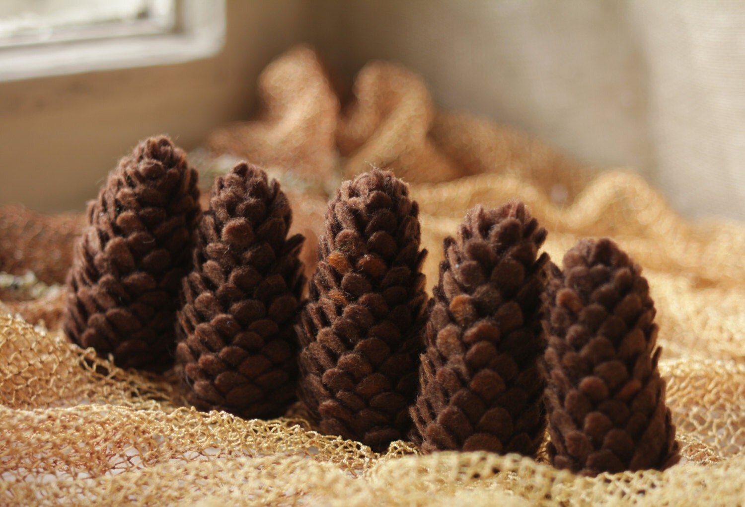 Five brown needle felted pine cones ecofriendly decor by shyshyru