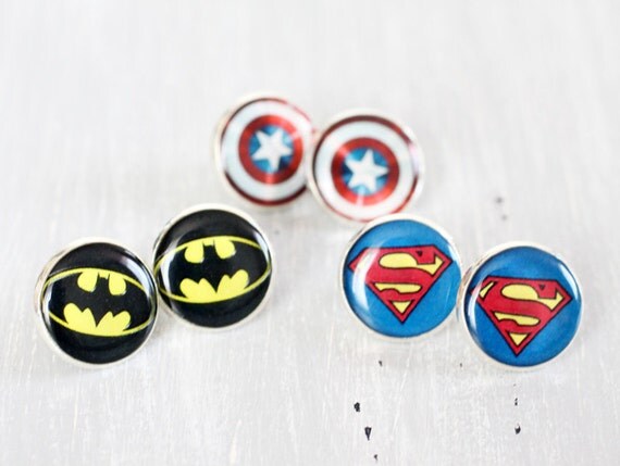 Wedding earrings studs - set of 3 Bridesmaid gifts - Comic Superhero - Superman, Batman, Captain America