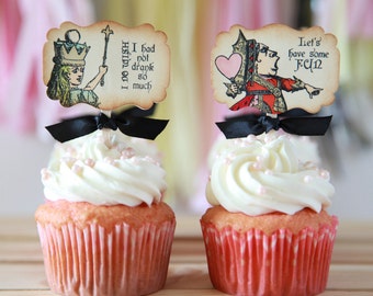 Alice in Wonderland Cupcake Toppers, Vintage, 12 toppers, Choose your ribbon color