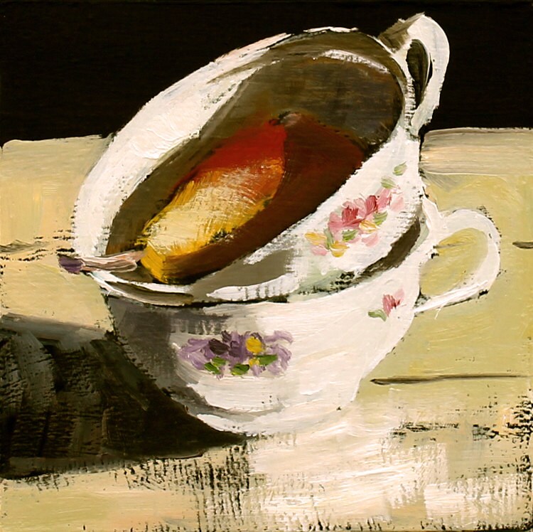 RESERVED Still Life Painting Vintage Tea Cups with Pear