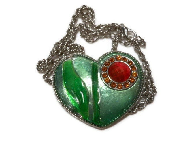 FREE SHIPPING Interchangeable heart necklace brooch, Emerald Green enamel pin with amber orange circle inset surrounded by rhinestones