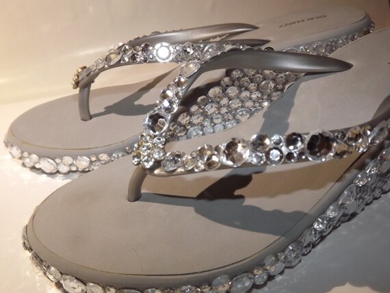 Rhinestone Bling Silver Flip Flop Wedges Sandals Bridal