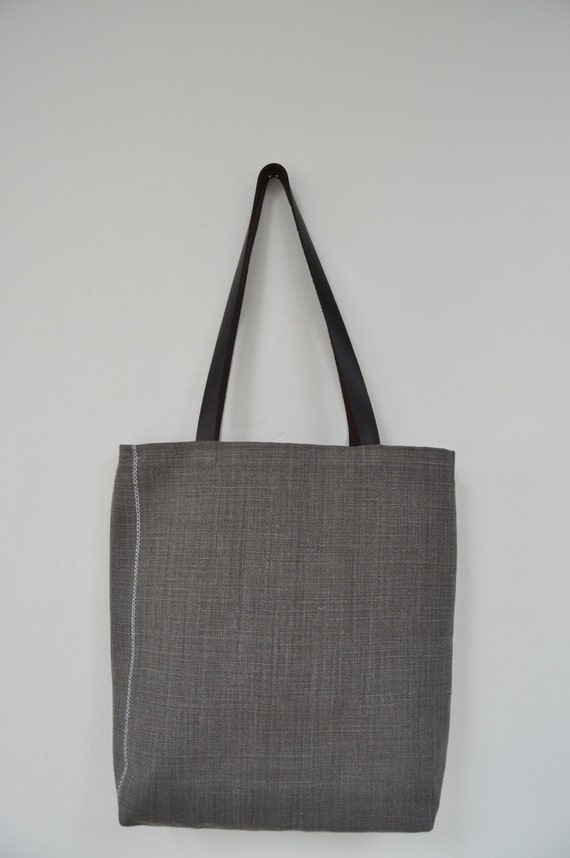 Items similar to linen bag with leather handles on Etsy