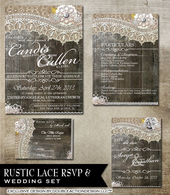 Rustic Lace Wedding Package RSVP Invitation by OddLotEmporium