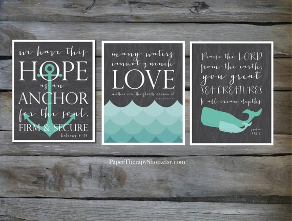 3 Nautical Prints based on Bible verses Water WHALE and