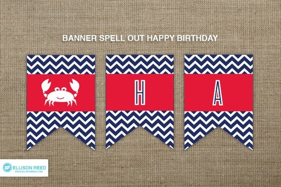 Crab Printable - Crab Birthday Banner - Nautical Birthday - Printable Party - Chevron - First Birthday - 2nd Birthday Il_570xn