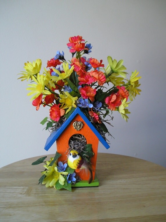 Colorful Indoor Spring Birdhouse Floral Arrangement