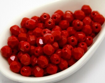 Red Czech Fire Polished Beads 6mm (35) Opaque Coral Polish Faceted Round Nr. 3