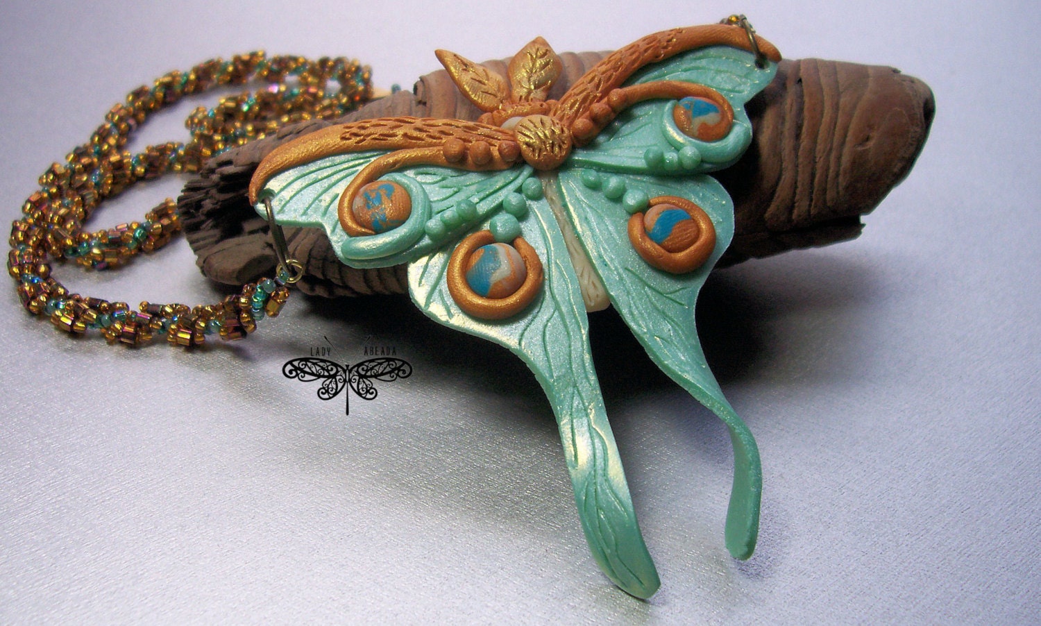 Polymer Clay jewelry Butterfly Pendant on Beaded Spiral Chain