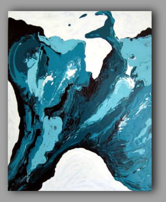 Abstract Aqua Teal Black Painting Canvas Art 16 x