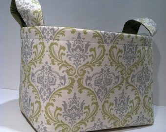 Fabric Storage Basket Bin Organizer Storage Container- Sage Green and Gray Damask Print with Solid Sage Green Interior