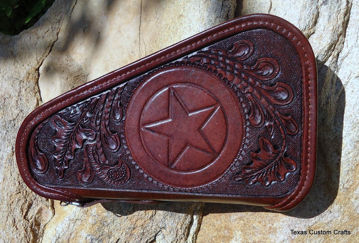 Leather Pistol Case with Hand Tooled Western Floral and Texas