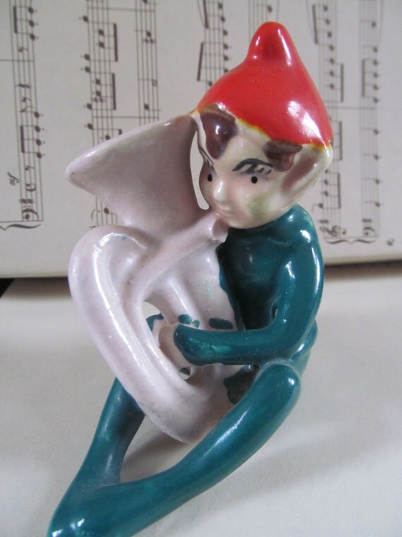 Vintage Pixie Elf Playing Musical Instrument Horn by Mumscottage