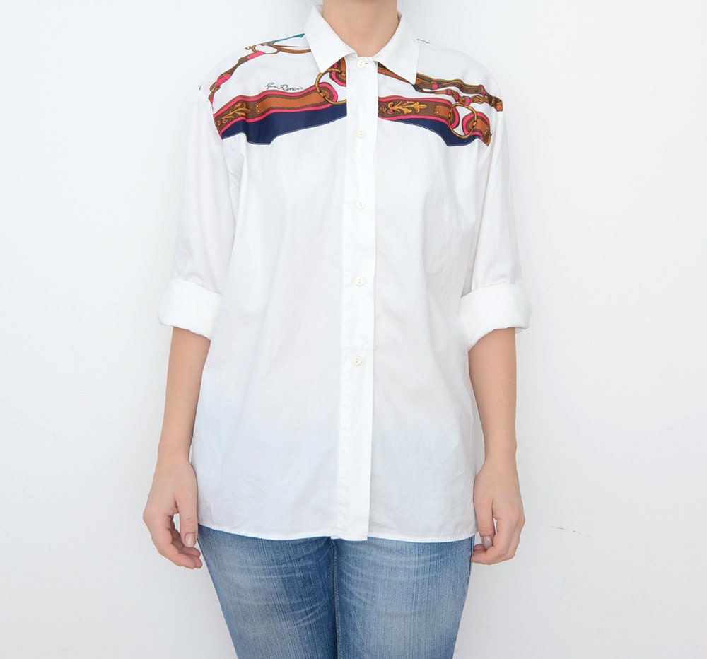 Vintage novelty print white button up shirt
