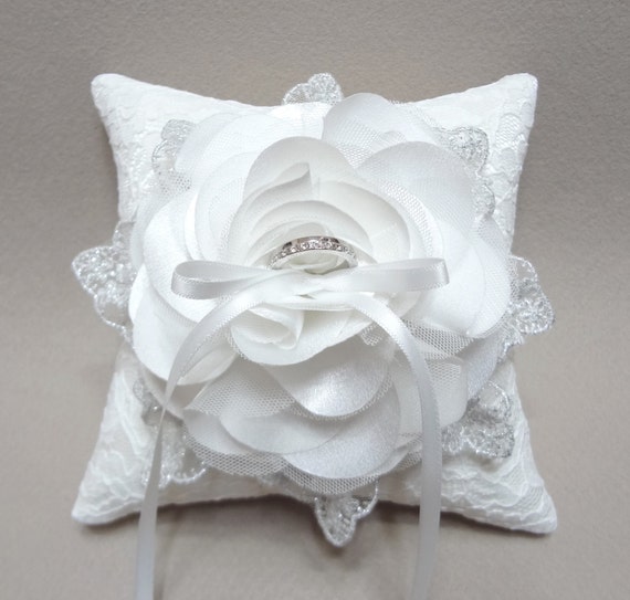 Items similar to Wedding ring pillow white bloom and silver lace on