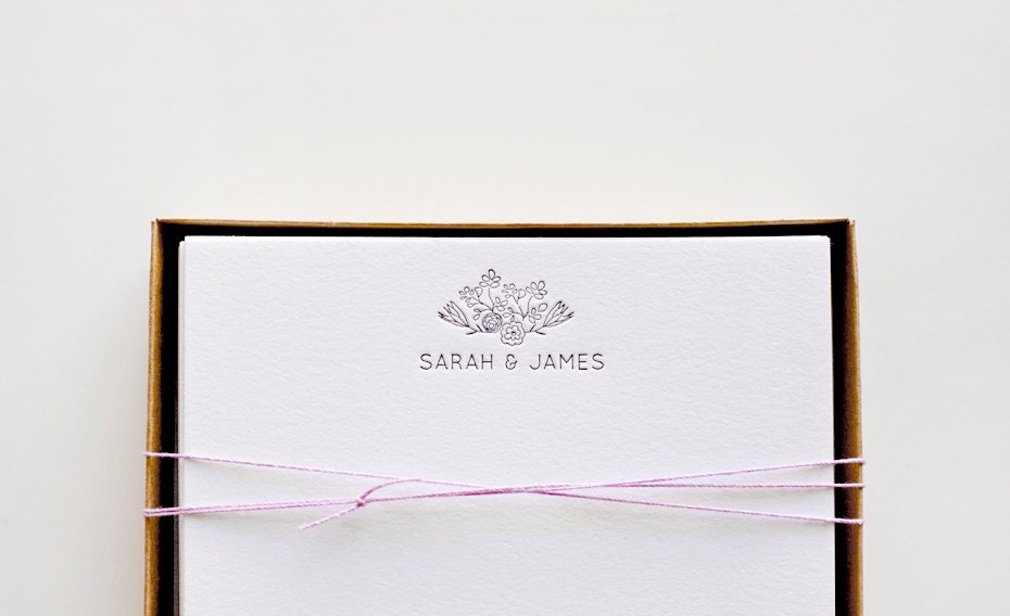 Letterpress Personalized Stationery Flower Motif Set of 20