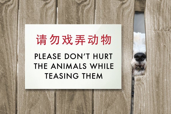 Novelty Animal Sign. Funny Chinglish Signage for Dogs Cats