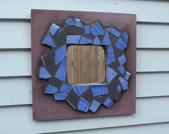 Mosaic Mirror, Wooden Purple Frame Mirror, Blue and Black Mirror, Tile Mirror, Square Mirror, Hallway Mirror, Home Decor, Entry Way Mirror
