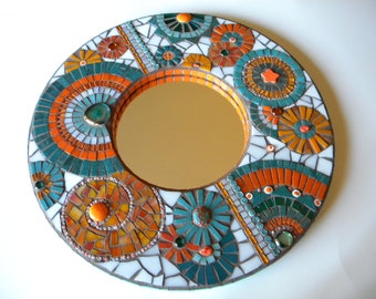 Orange & Teal Mosaic Mirror, Home Decor, Wedding Gift, Miami Dolphins, Round Mirror, Bathroom Mirror, Abstract Mosaic Mirror