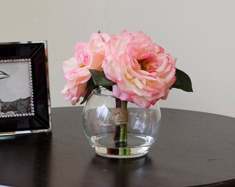 Real Touch Light Pink Orlane Rose Round Glass Vase Artificial Faux Arrangement