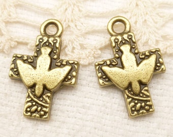 Peace Dove Crucifix Cross Charm, Antiqued Bronze (6) - A97