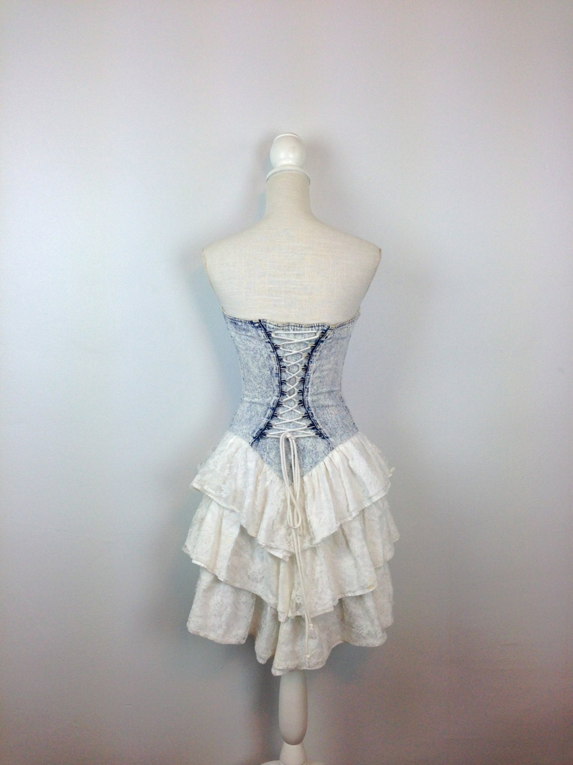 80s Acid Wash Sweetheart Corset Dress / Full Skirt / Lace Up
