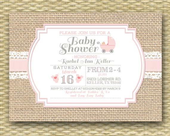 Baby Shower Invitation Burlap Lace Rustic Country Baby Girl Soft Pink ...