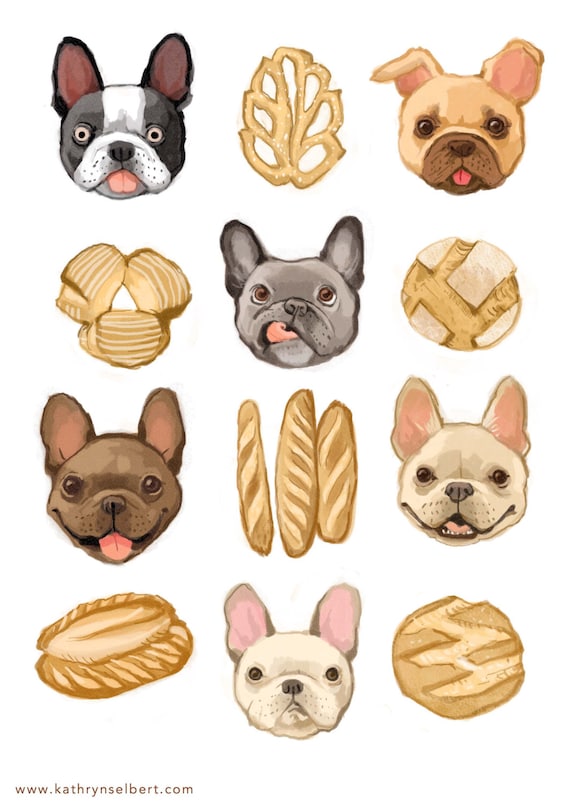 Fine Art Print - French Bulldogs and French Bread Illustration