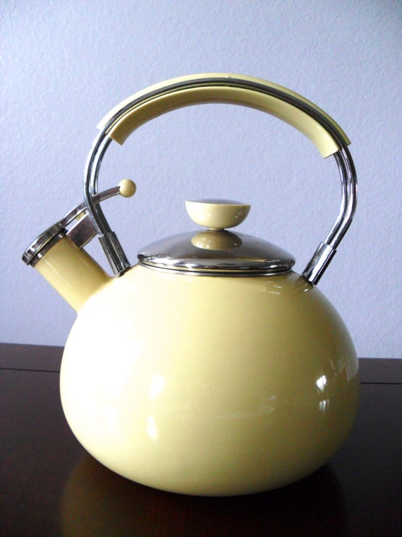 Mid Century Tea Kettle Retro Teapot Yellow Enamel Tea