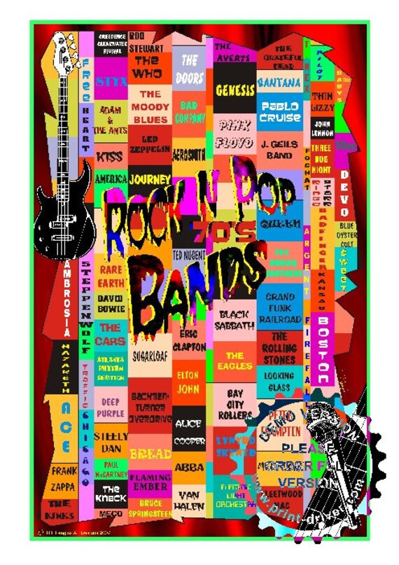 Items similar to Retro Music Poster Art 1970s Rock Bands on Etsy