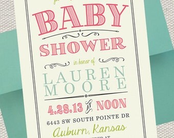 Vintage Scroll Baby Shower Invitation // Pink, Lime & Turquoise