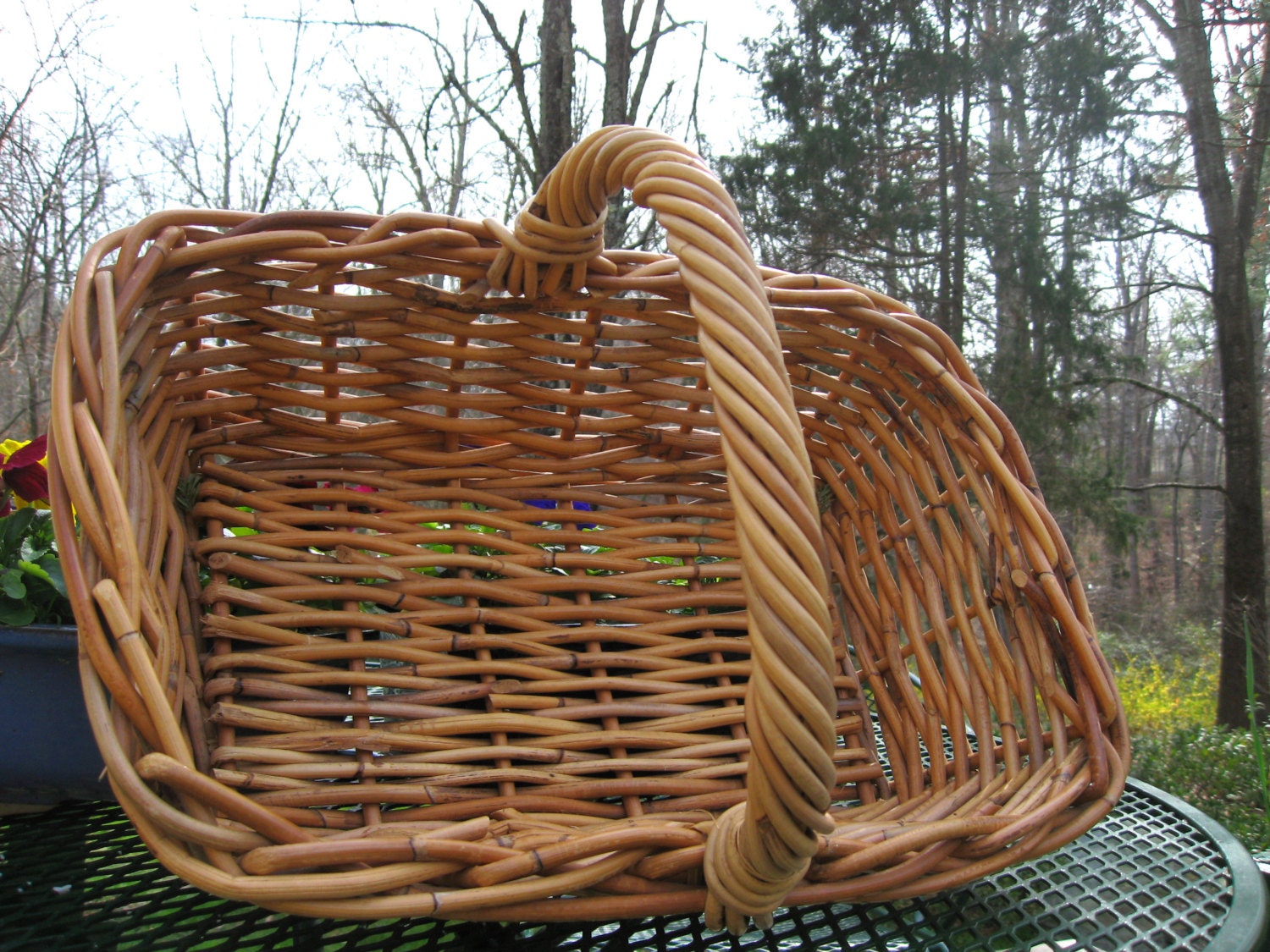 large vintage wicker basket with handle light brown