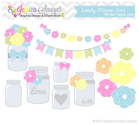 INSTANT DOWNLOAD, Mason jar clipart - vintage wedding - bunting banner - patterned- commercial use - flower - digital element Il_570xn