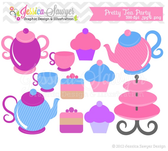 CLEARANCE - tea party clipart - tea pot clip art - mad hatter graphic - cupcake image - commercial use - logo - sticker INSTANT DOWNLOAD, Il_570xn