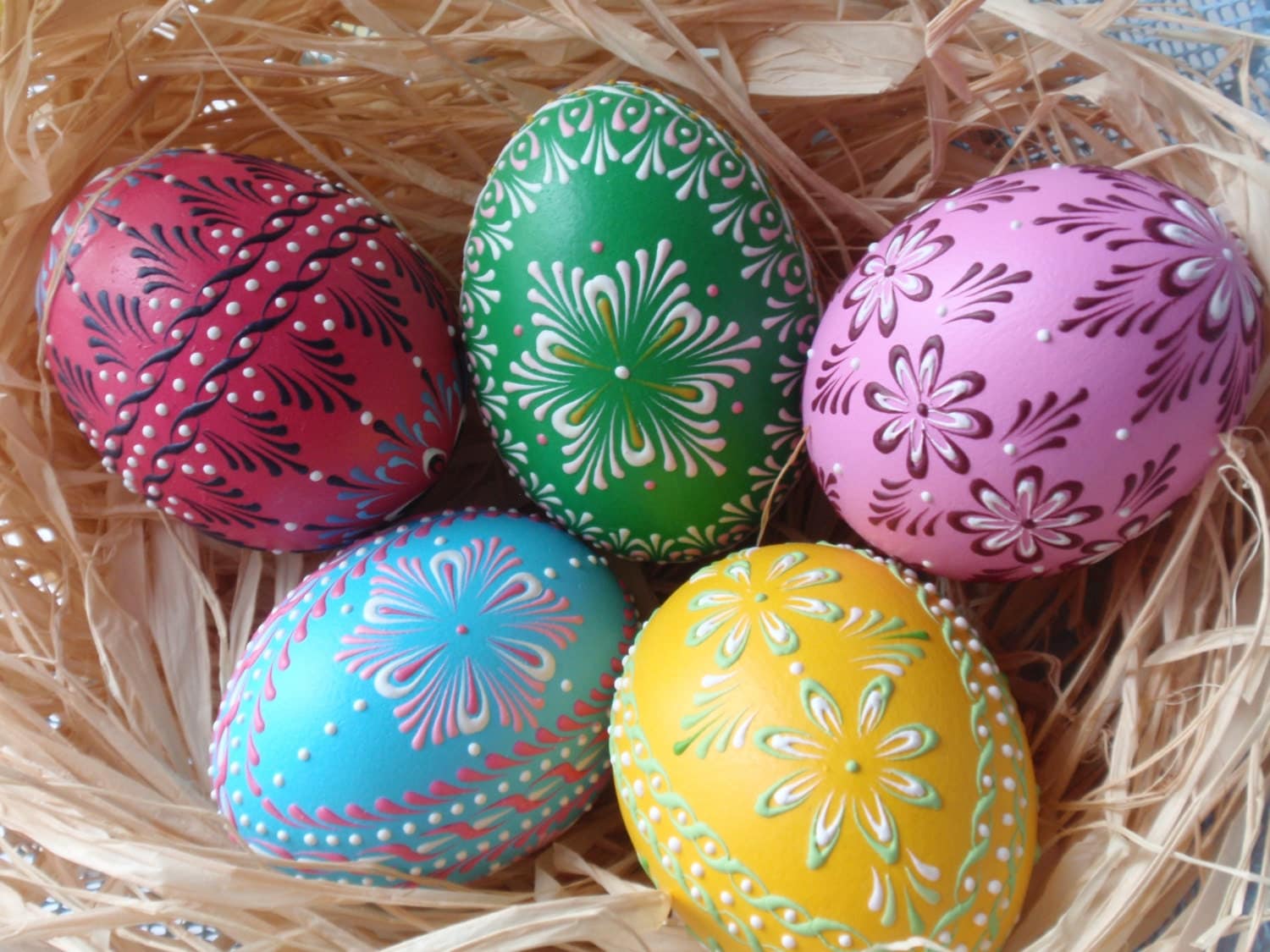 Set of 5 Easter Eggs Polish Pysanky WaxEmbossed Chicken