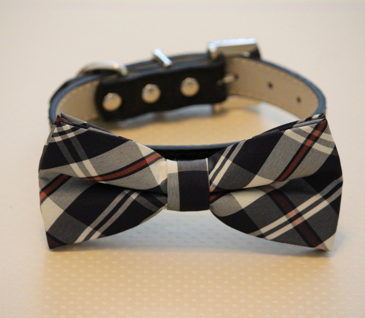 Plaid black dog bow tie bow attached to dog collar wedding