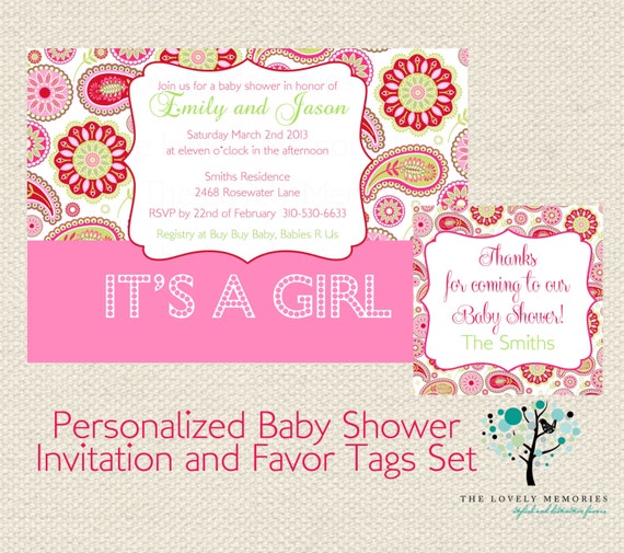 Its a Girl Modern Paisley Baby Shower Printable Invitation/ Favor Tags Il_570xn