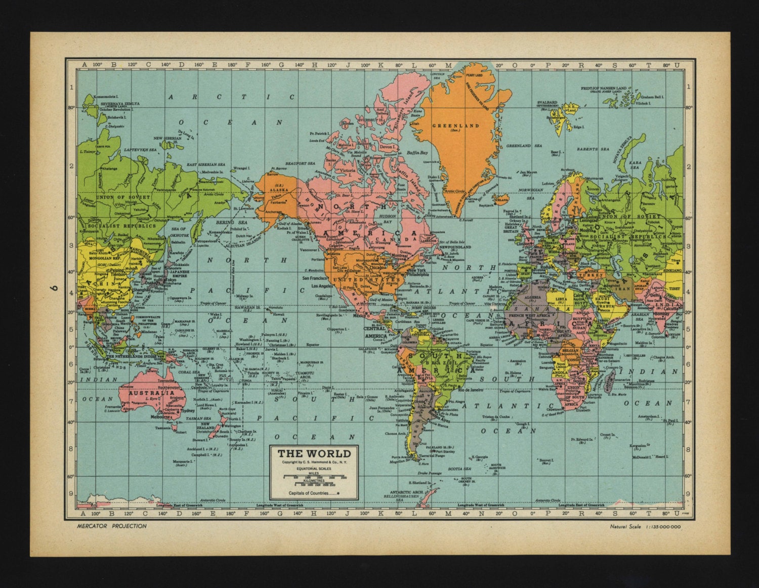 Vintage Map World From 1944 Original