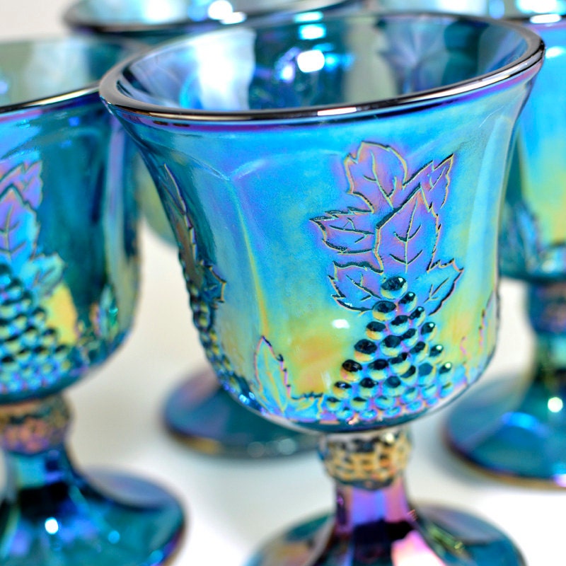Blue Carnival Glass Goblets by Indiana Glass Harvest Grape