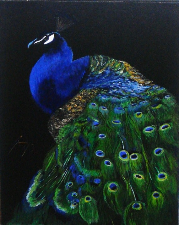 Colorful Peacock on Black Background Original Painting on