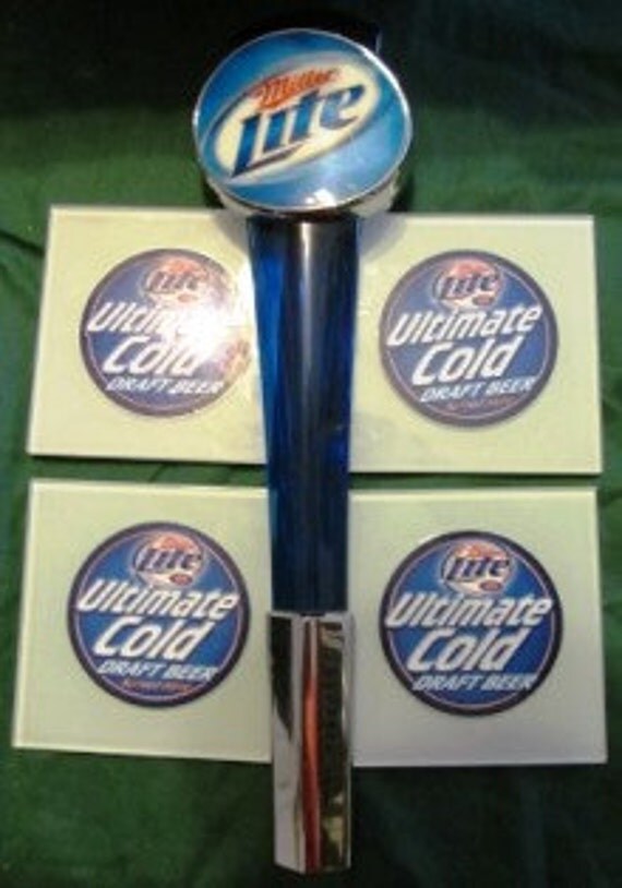 Vintage Miller Lite Tap Handle with 4 Glass Coasters