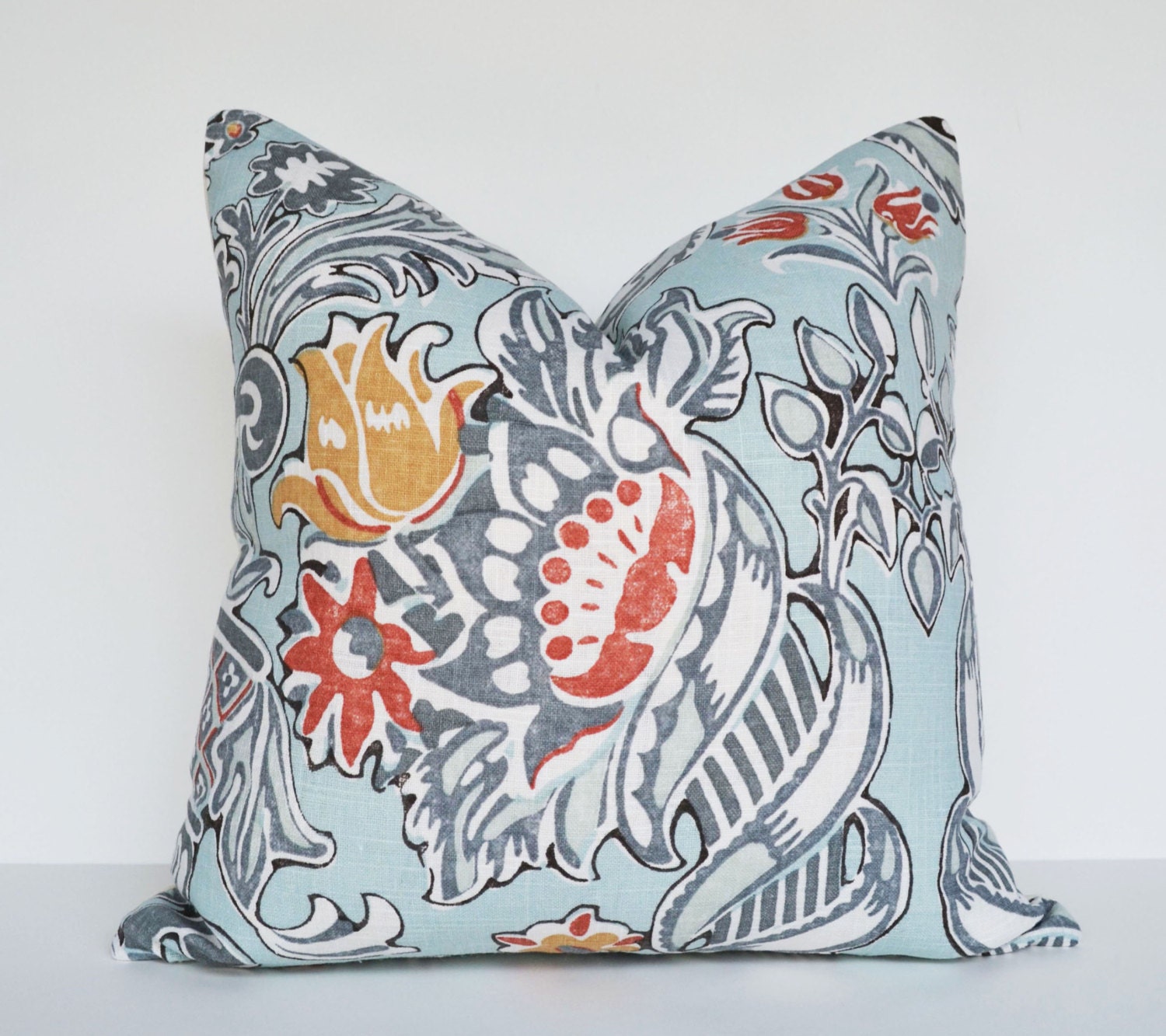 pillow cover antique print blue gray rust decorative