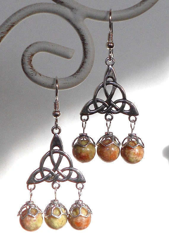Autumn Jasper Celtic Trinity Knot Sterling Silver Earrings