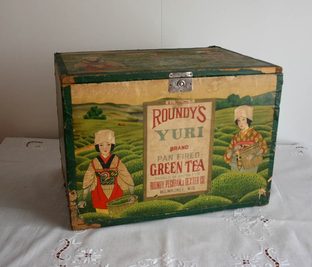 Vintage Japanese Tea Box wooden antique advertising green
