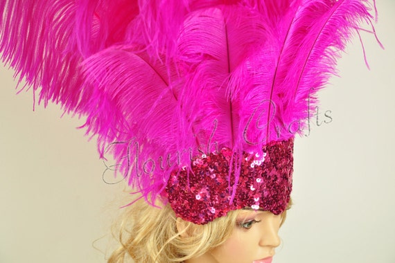 Showgirl Hotpink Open Face Ostrich feather Headdress by lawrencelv