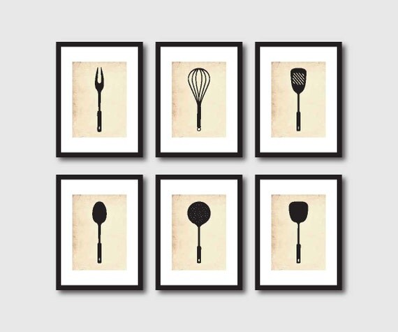 set vintage kitchen Set Six prints Kitchen  Kitchen Art Utensils Wall of